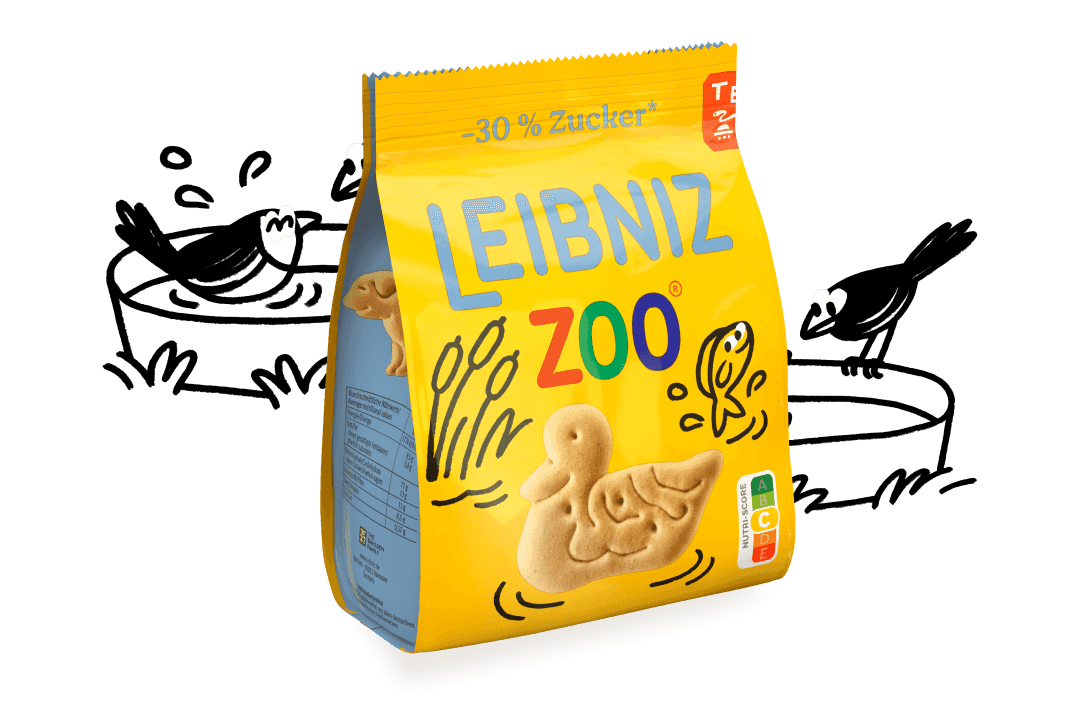 Verpackung der LEIBNIZ ZOO -30 % Kekse, zeigt einen Keks in Entenform umgeben von Illustrationen