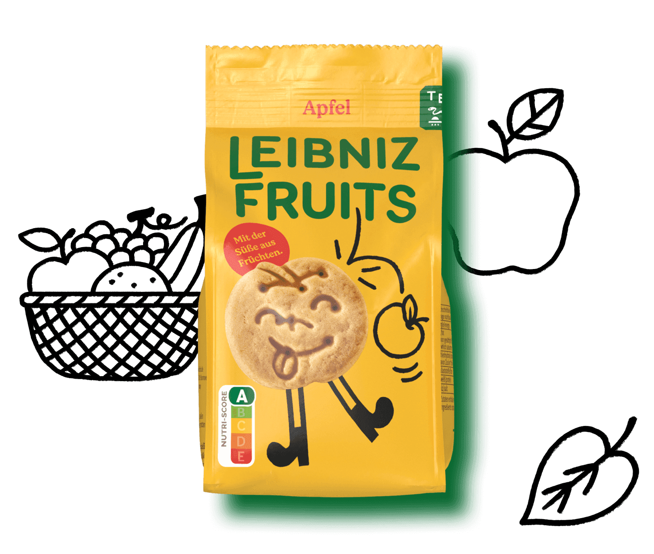 Verpackung der Leibniz Fruits Apfel Kekse, umgeben von stilisiertem Obst