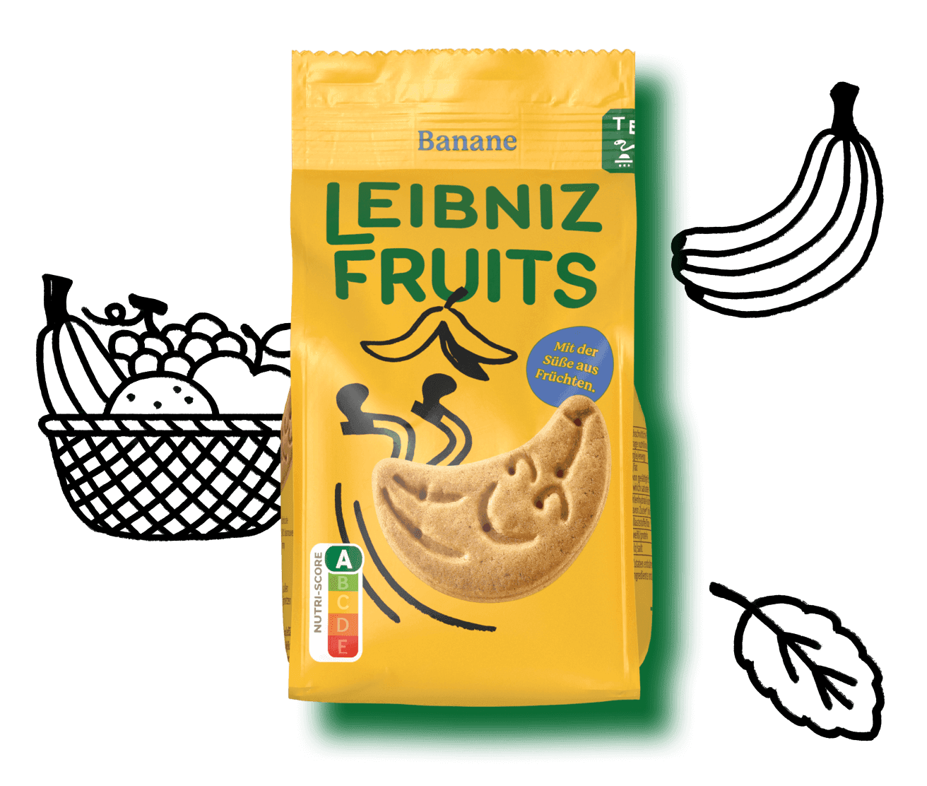 Leibniz Fruits Banane Verpackung umgeben von stilisiertem Obst