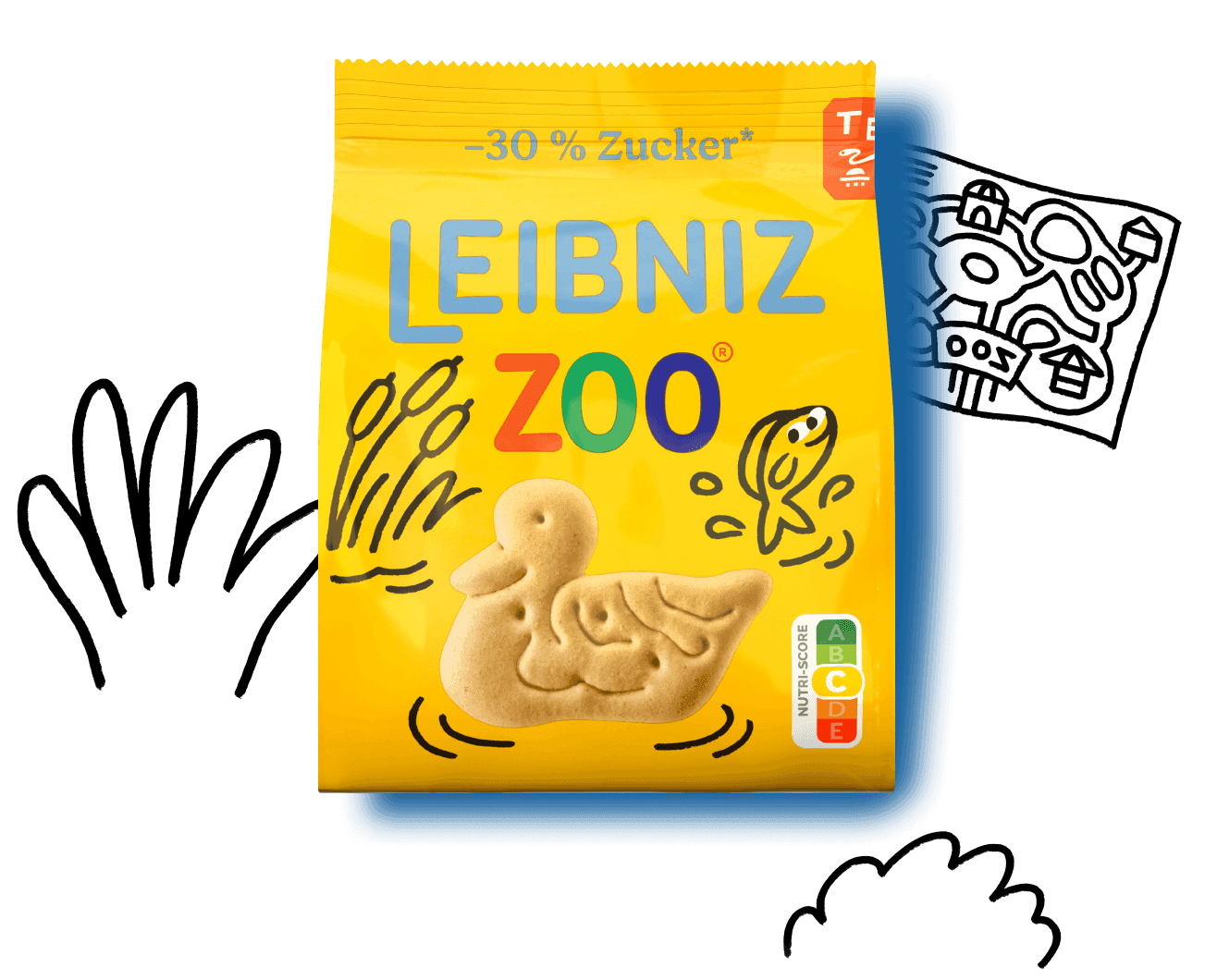 Verpackung der LEIBNIZ ZOO -30 % Kekse, zeigt einen Keks in Entenform umgeben von Illustrationen