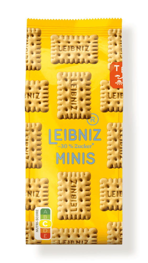 Verpackung der LEIBNIZ Minis -30 % Kekse, gelber Hintergrund mit kleinen Keksen darauf