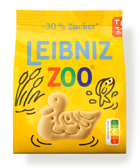 Verpackung der LEIBNIZ ZOO -30 % Kekse, zeigt einen Keks in Entenform umgeben von Illustrationen