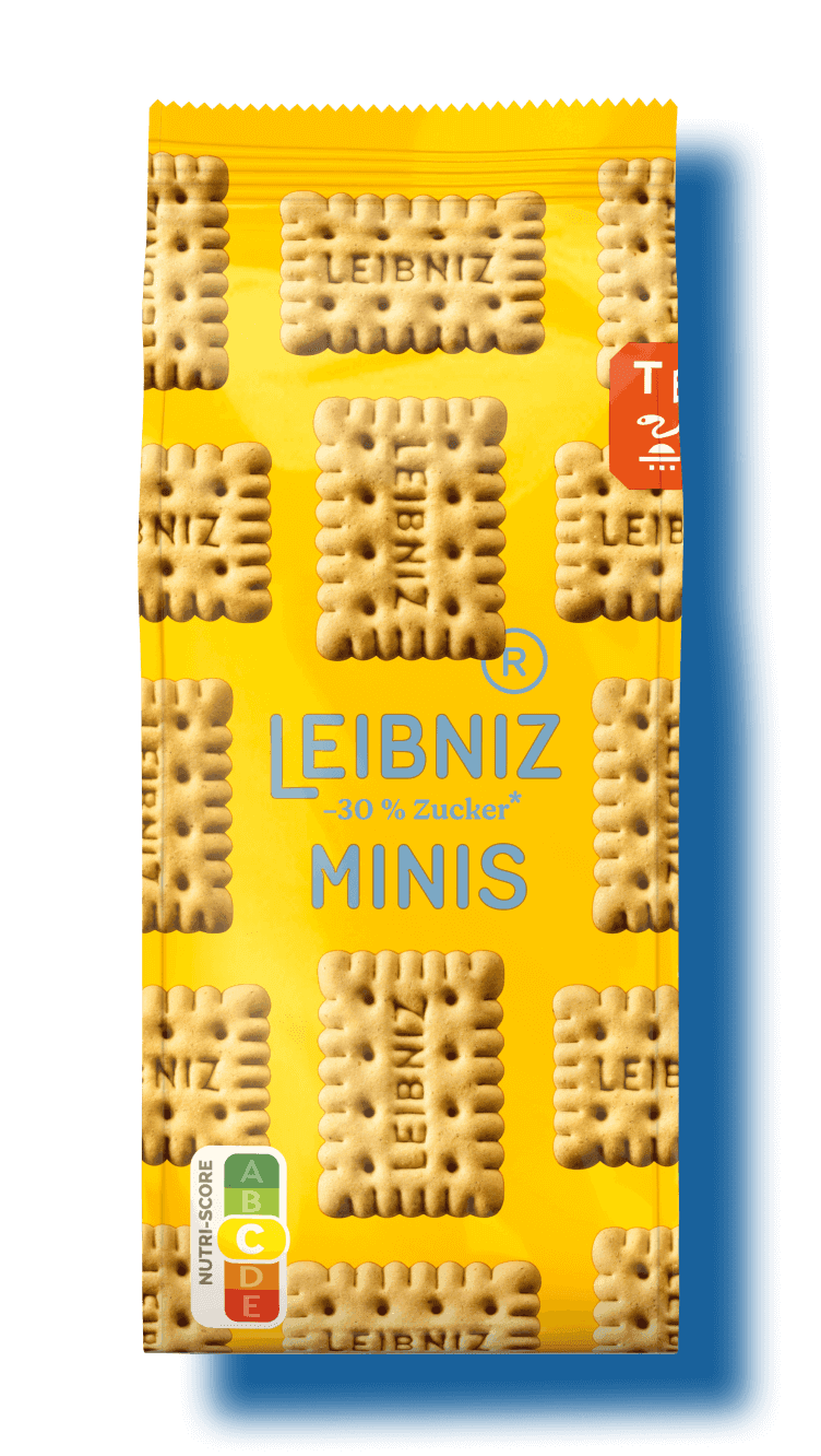 dVerpackung der LEIBNIZ Minis -30 % Kekse, gelber Hintergrund mit kleinen Keksen darauf