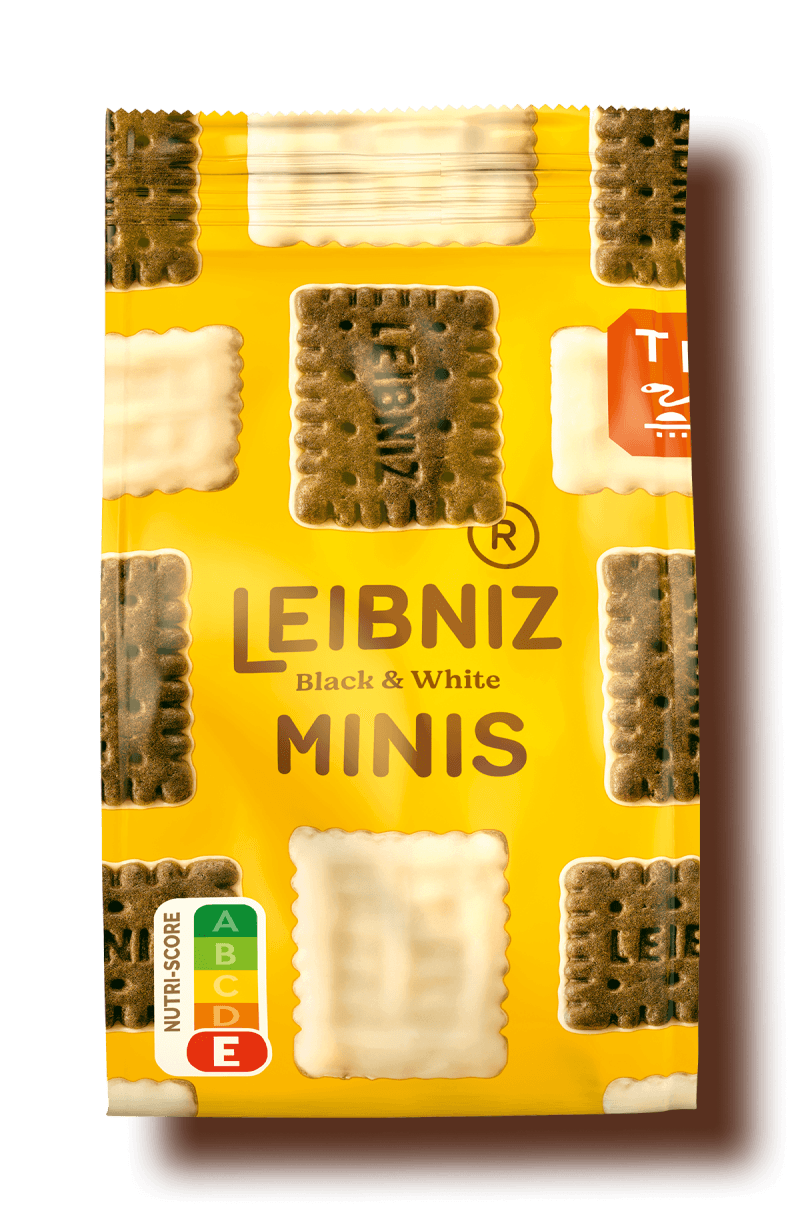 Verpackung der LEIBNIZ Minis Black & White Kekse auf braunem Hintergrund